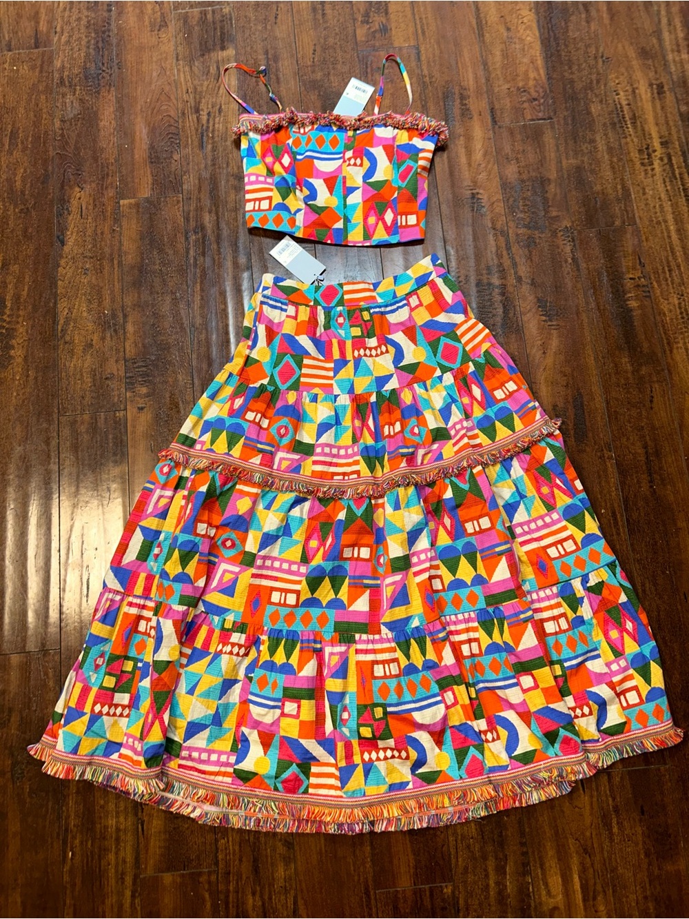 NWT ΑΝΤΟΝΙΟ MELANI Giuliana Geometric Fringe Hem Cotton A- Line Skirt and Top - Picture 2 of 8